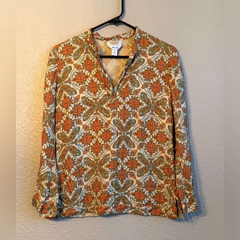 Talbots Petite Pure Silk Orange Paisley Boho Blouse V-Neck Long Sleeve Size 4